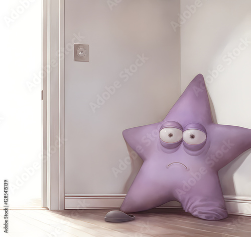 A sad, purple star-shaped pillow slumps dejectedly in the corner of a room, next to a lost slipper, by an open doorway.