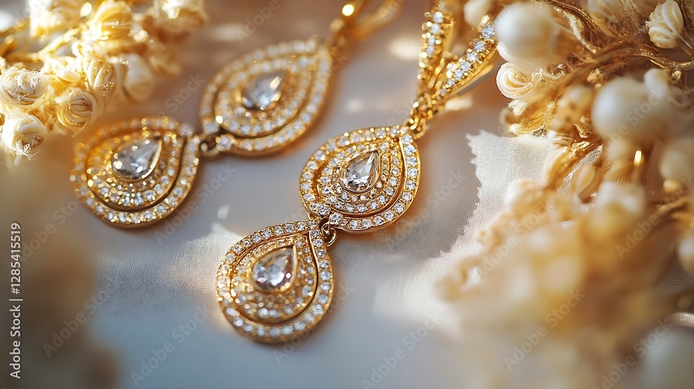 Fototapeta premium Elegant Gold Earrings with Sparkling Diamonds Glimmering in Soft Natural Light : Generative AI