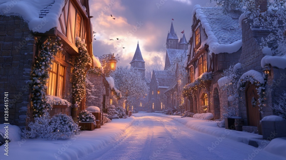 Fototapeta premium A peaceful snowy street in a quiet village at dusk, with warm, inviting light from windows, evoking a cozy, wintertime ambiance.