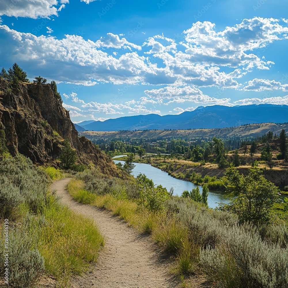 Scenic mountain landscape with a dirt road and lush greenery. Scenic mountain landscape with a dirt road and lush greenery.