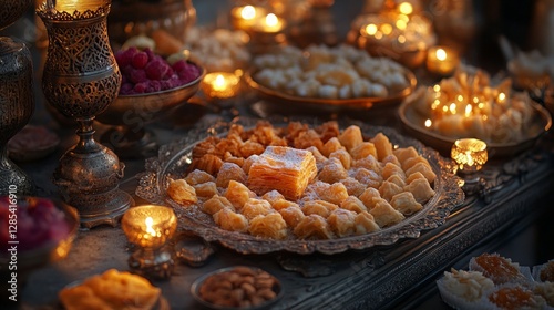 Traditional Ramadan sweets like kunafa, baklava, and basbousa arranged on a silver tray, surrounded by soft lighting  photo