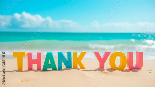 Colorful Thank You Letters on a Sandy Beach with Gentle Waves and Clear Blue Sky, Celebrating Gratitude and Appreciation in a Tropical Setting