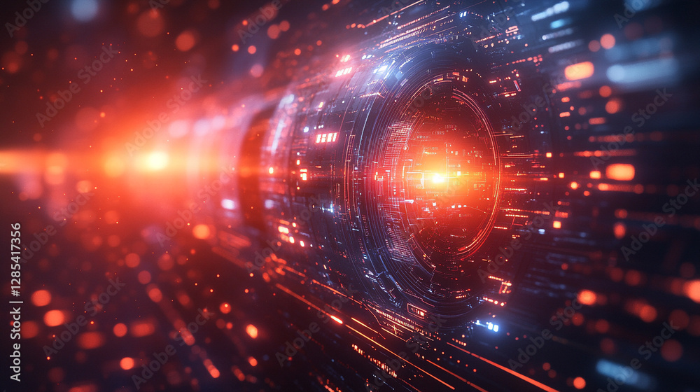 Fototapeta premium Futuristic abstract HUD interface with glowing holographic elements and data streams Symbolizing advanced technology artificial intelligence and digital innovation in a sci-fi virtual environment