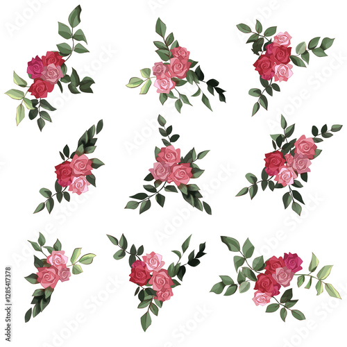 Set of Pink and Red Roses Illustrations with Leaves fit for wedding invitations, greeting cards, and floral decorations