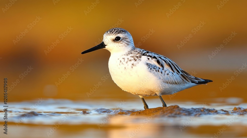 Obraz premium A sanderling Calidris alba wading through shallow water at sunset, its reflection shimmering in the golden hues of the tide.