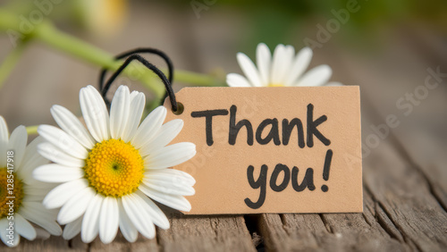 Beautiful white daisy flowers with a thank you tag on a rustic wooden surface in soft natural light for expressing gratitude and appreciation
