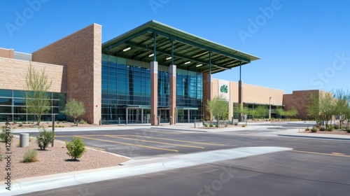 Modern office building exterior, sunny day, ample parking.