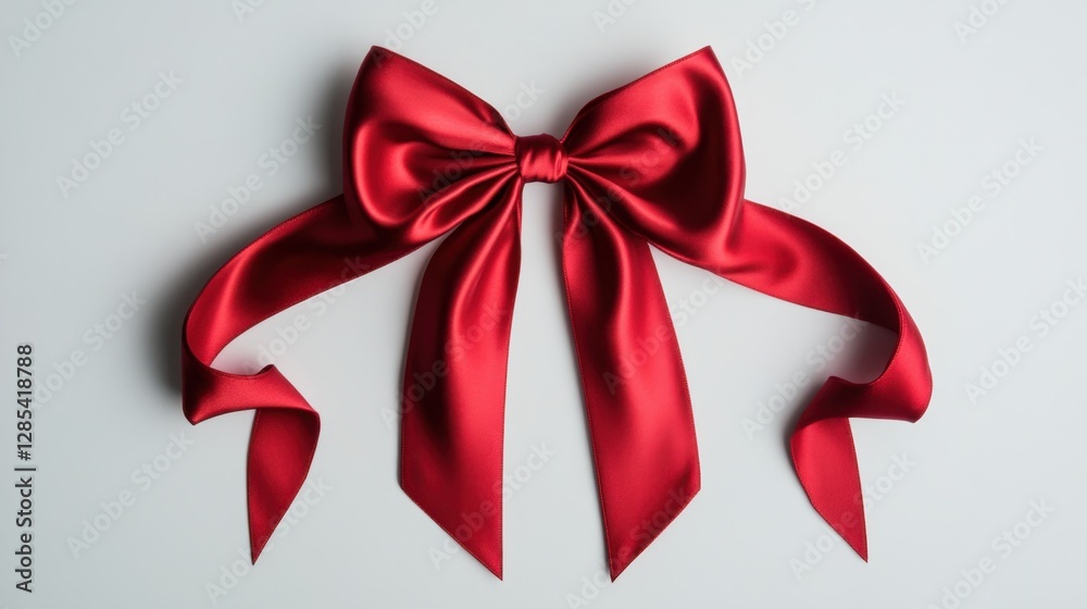 A shiny red satin bow, perfectly tied with flowing tails and loops, placed against a bright white background, perfect for Christmas or birthday visuals. A shiny red satin bow, perfectly tied with flowing tails and loops, placed against a bright white background, perfect for Christmas or birthday visuals.