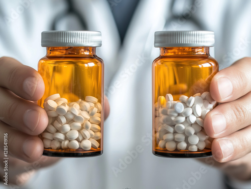 A pharmacist holding prescription pill bottles in both hands photo