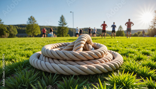 Rugged battle rope coiled on fresh grass under bright sky, emphasizing endurance and fitness training