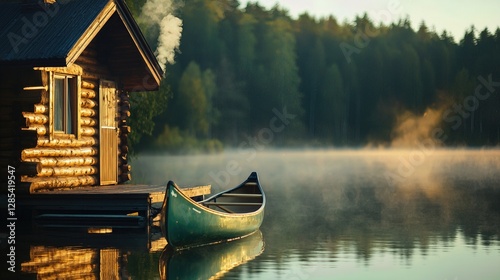Lakeside Cabin and Canoe at Misty Morning
