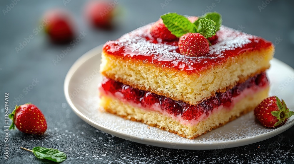 Delicious Strawberry Cake with Jam and Powdered Sugar on Plate Delicious Strawberry Cake with Jam and Powdered Sugar on Plate