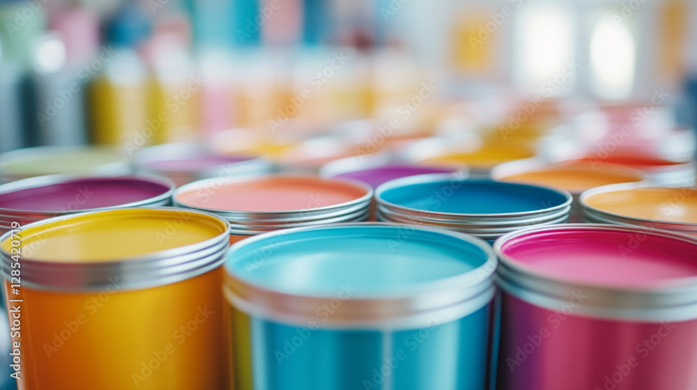 Closeup of metal tin paint cans filled with vibrant colors symbolizing creativity, artistic expression, and transformation in design. Represents renewal, home improvement, and modern aesthetics Closeup of metal tin paint cans filled with vibrant colors symbolizing creativity, artistic expression, and transformation in design. Represents renewal, home improvement, and modern aesthetics