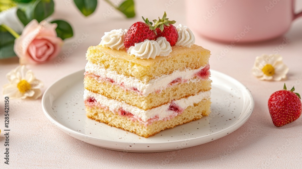 Delicious Strawberry Cake with Cream on Plate for Dessert Treat Delicious Strawberry Cake with Cream on Plate for Dessert Treat