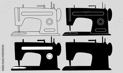 Vector icon set of modern sewing machines in black and white. Ideal for tailoring, fashion design, DIY projects, and retro-themed illustrations.