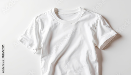 A neatly folded white t shirt lays on a surface