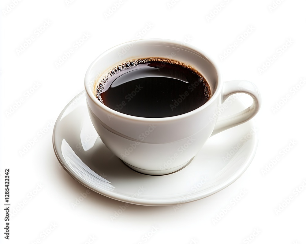 Cup of Black Coffee on Saucer, Isolated on White Background, Morning Beverage, Coffee Lover's Delight Cup of Black Coffee on Saucer, Isolated on White Background, Morning Beverage, Coffee Lover's Delight