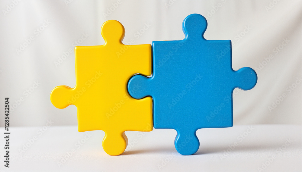 Glossy blue and yellow puzzle pieces perfectly aligning on smooth white surface representing unity Glossy blue and yellow puzzle pieces perfectly aligning on smooth white surface representing unity