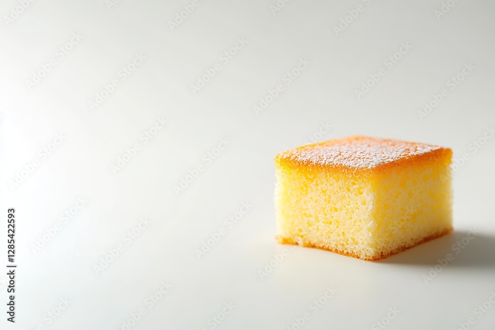 Mini Golden Yellow Square Cake on White Background, Close-up, Simple Composition, High-Resolution Photography, High-Quality Details