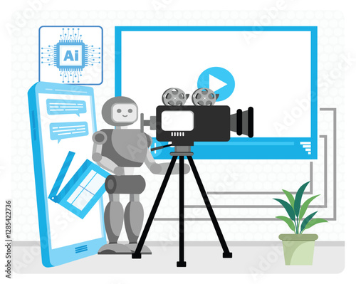 AI art generation concept. Movie robot is holding a film camera for shooting movies.