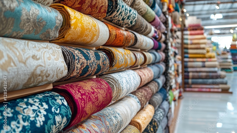 Carpet Store Interior With Vibrant Textiles Displayed on Shelves and Rolls, Showcasing Intricate Designs and Colors in a Well-Lit Spacious Area Carpet Store Interior With Vibrant Textiles Displayed on Shelves and Rolls, Showcasing Intricate Designs and Colors in a Well-Lit Spacious Area