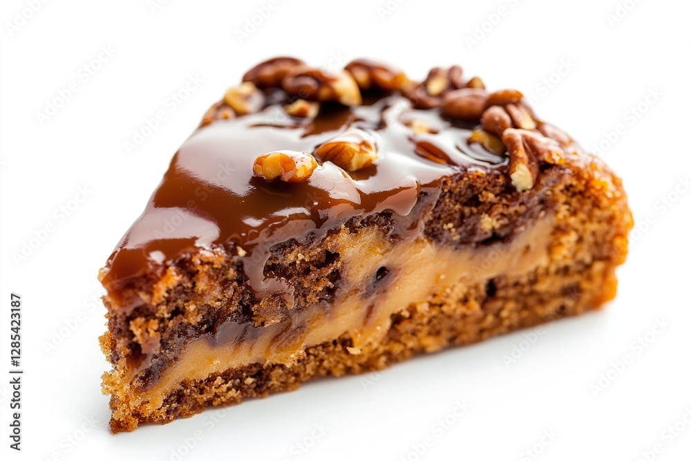 Coffee Cake Slice with Caramel and Nuts, Isolated on White Background, Studio Shot, High-Resolution Photography Coffee Cake Slice with Caramel and Nuts, Isolated on White Background, Studio Shot, High-Resolution Photography