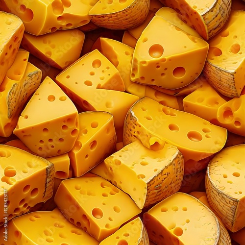 A close-up view of yellow cheese pieces showcases their rich texture and creamy surface. The cheese has a smooth yet slightly crumbly consistency, with a vibrant golden hue and delicate, natural imper