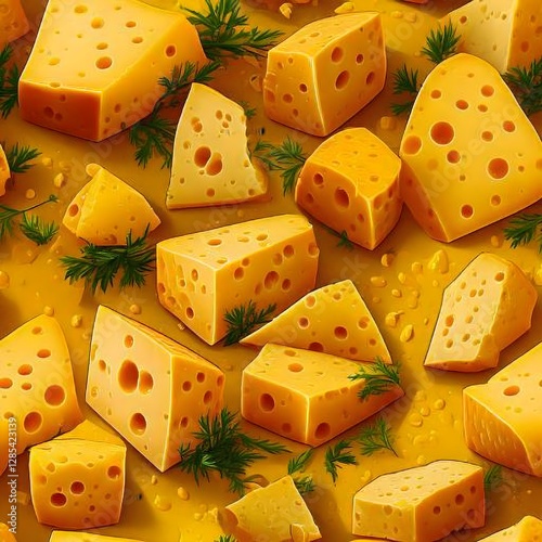 A close-up view of yellow cheese pieces showcases their rich texture and creamy surface. The cheese has a smooth yet slightly crumbly consistency, with a vibrant golden hue and delicate, natural imper
