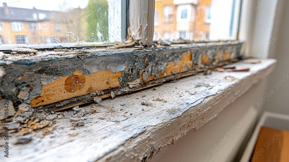 Peeling Paint on Old Wooden Window Frame Needing Repair