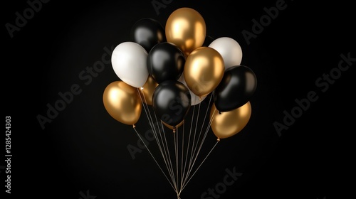 A stylish arrangement of black, gold, and white balloons against a black background, perfect for Black Friday promotions or elegant party decor.
