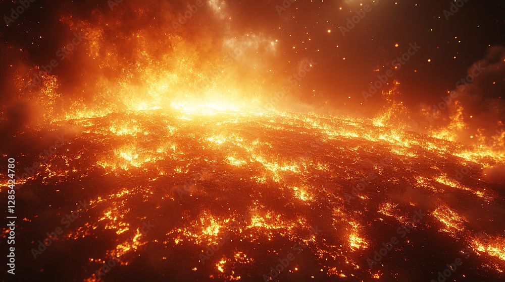 Naklejka premium Blazing sun dominates a parched landscape symbolizing global overheating Intense heat waves and cracked earth represent climate change urgency and the impact of extreme solar radiation on the planet