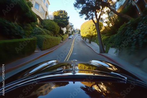 Driving along the winding curves of Lombard Street in San Francisco during a sunny afternoon, POV driving down famous Lombard Street San Francisco