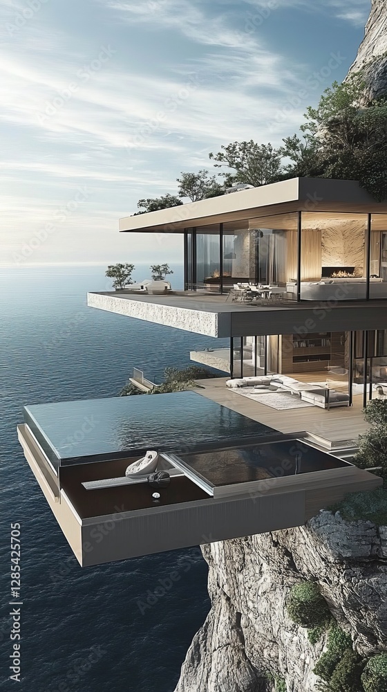 Fototapeta premium Modern Cliffside Residence With Expansive Ocean Views During Sunset in a Serene Coastal Landscape