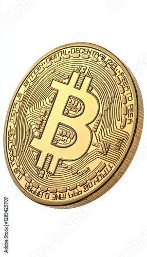 Close-up of a gold-colored cryptocurrency coin with intricate design details.