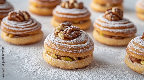 Delicious Walnut and Pistachio Pastries with Powdered Sugar Close-up