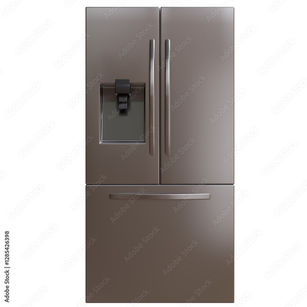 Refrigerator isolated on white, freezer with ice generator on door, home kitchen appliance