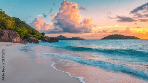 A tranquil beach at sunset with gentle waves, soft pastel colors in the sky, and a peaceful, charming atmosphere.