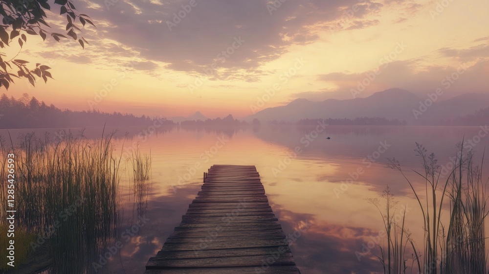 Fototapeta premium A tranquil lakeside with a wooden pier leading to calm, reflective waters under a pastel evening sky.