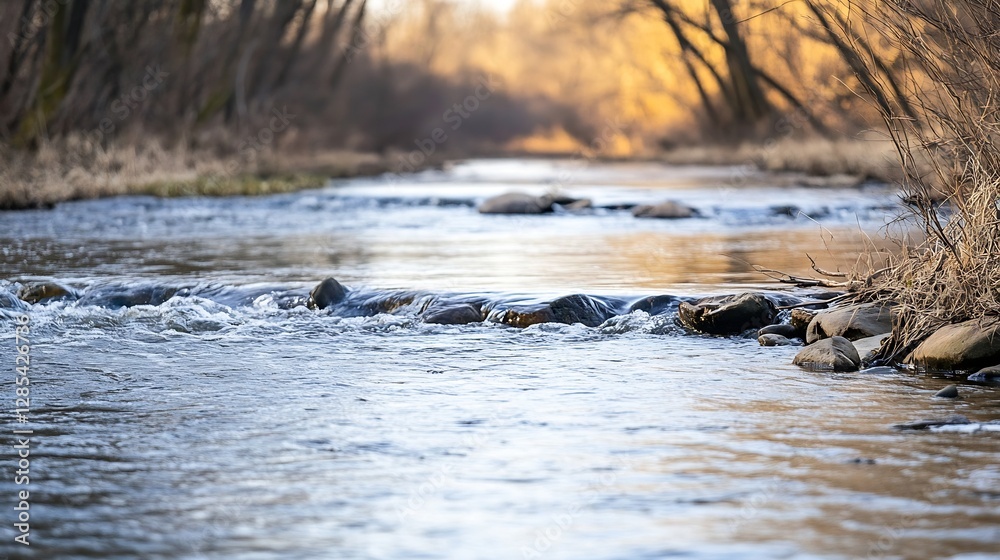 Serene Flowing River Surrounded by Trees Reflecting Warm Colors of Autumn on a Calm Day : Generative AI Serene Flowing River Surrounded by Trees Reflecting Warm Colors of Autumn on a Calm Day : Generative AI