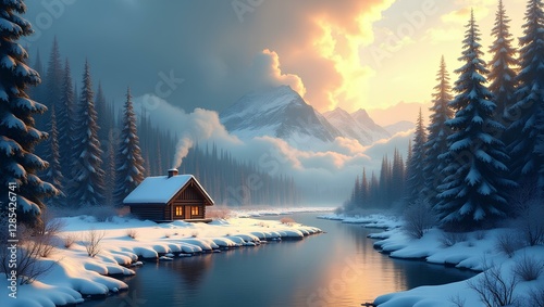 Cozy Winter Cabin in Snowy Forest by a River – Serene Mountain Landscape