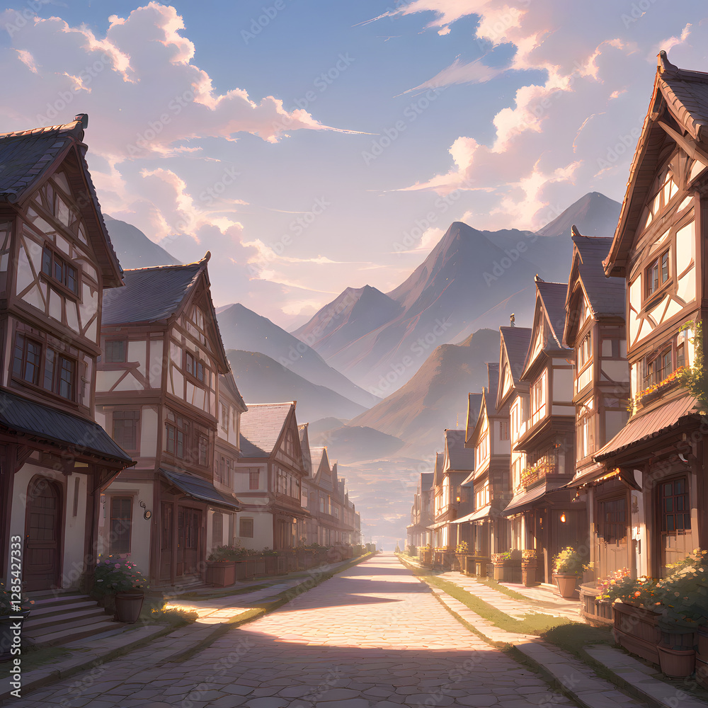 Naklejka premium 幻想的な山々と歴史的な街並みの風景 ファンタジーな世界観