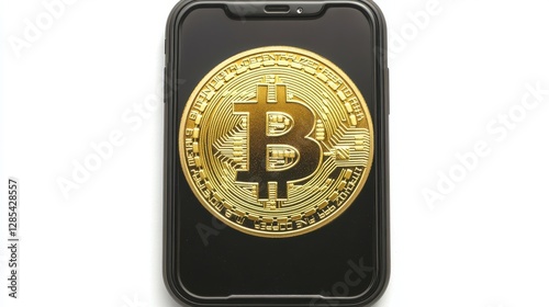 Bitcoin cryptocurrency displayed on a smartphone screen. A digital gold coin representing modern finance.