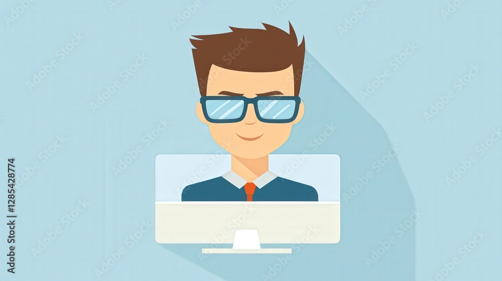 Casual businessman with glasses working at computer in modern office setting Casual businessman with glasses working at computer in modern office setting