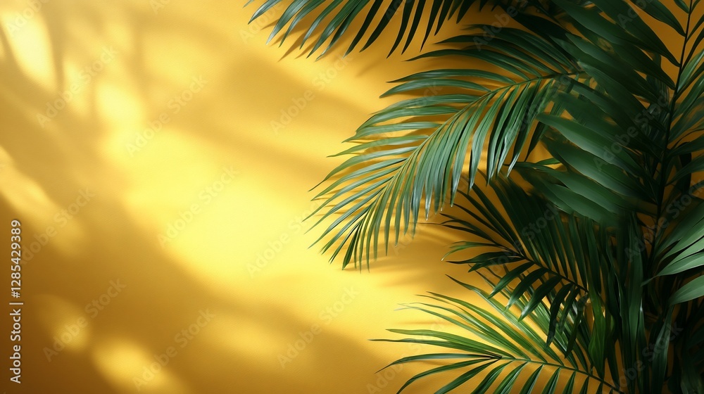 Fototapeta premium Palm leaves shadow yellow wall background summer