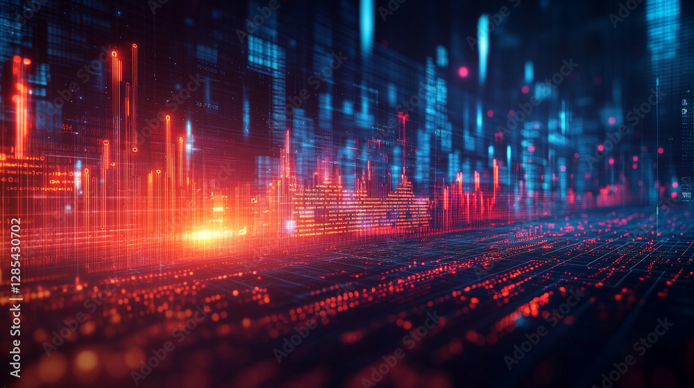 Fototapeta premium A dynamic display of financial data flows across a high-tech digital interface with glowing numbers graphs and charts representing market trends investment analysis and economic forecasting