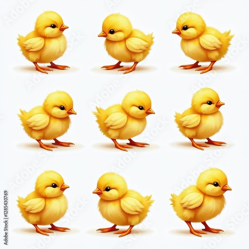 Easter Chick Animation Set: Curious Yellow Chicks Against a White Background. A set of six yellow chicks in various poses. photo