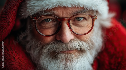 A vertical close up of a Santa hat, glasses, and white hair on a red surface symbolizes the festive Christmas season.