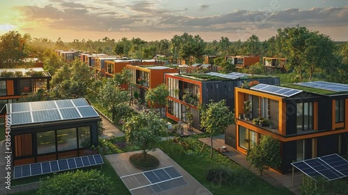 Sustainable Eco-Village: A birds-eye view showcases a vibrant eco-village, where modern modular homes harmoniously blend with lush greenery and solar panels.