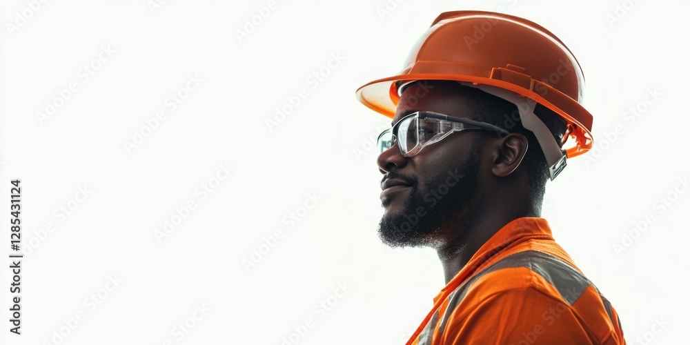 Obraz premium portrait of black man construction worker wearing helmet and glasses against white background 