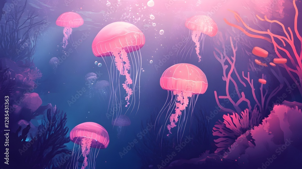 Glowing jellyfish in vibrant water, ethereal underwater scene, captivating marine life creating a mesmerizing ambiance. Glowing jellyfish in vibrant water, ethereal underwater scene, captivating marine life creating a mesmerizing ambiance.